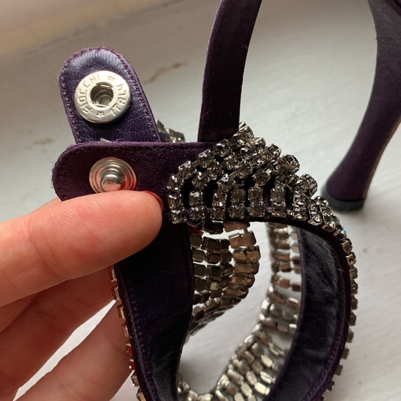Manolo Blahnik Purple Satin Pointy Toe Heels with Rhinestone Ankle Strap, 37.5 - Picture 9 of 13
